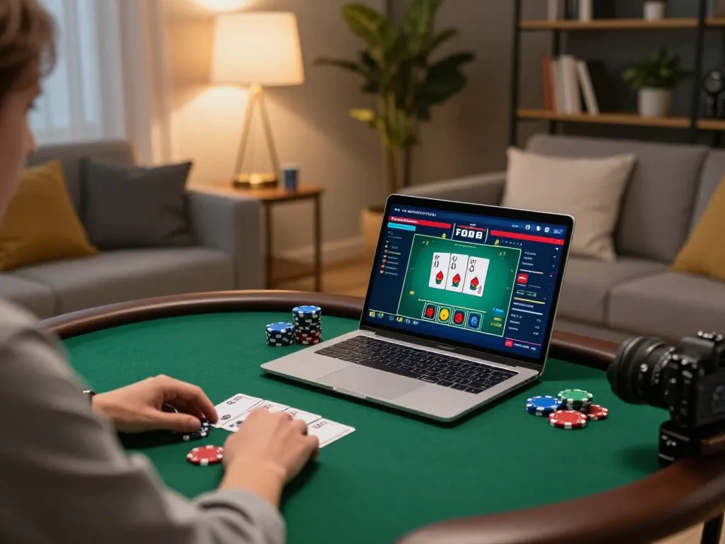 Player enjoying HUBET poker game on laptop in stylish home setup with engaging atmosphere.
