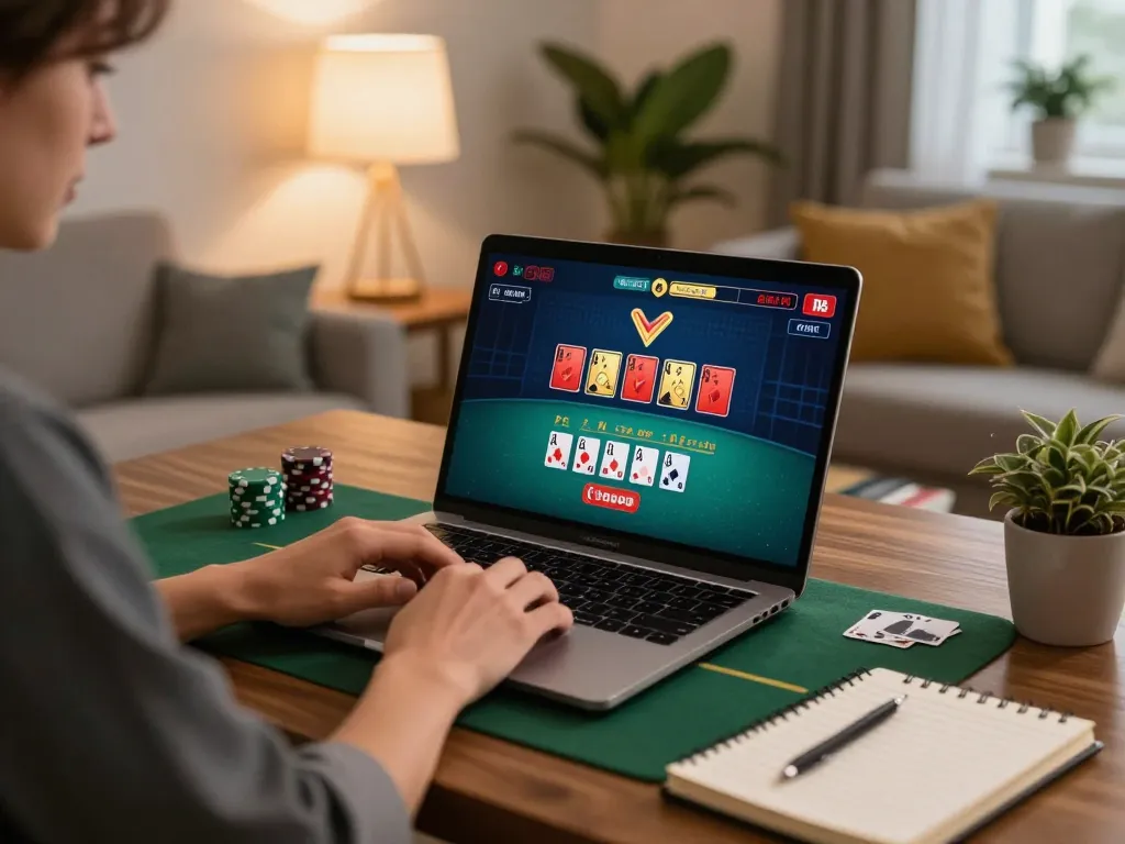SKY88 player enjoying an exciting online blackjack game with strategic notes in stylish living room.