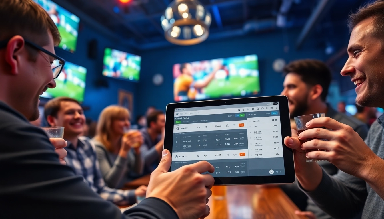 Live betting odds on kèo nhà cái displayed on a tablet in a lively sports bar atmosphere.