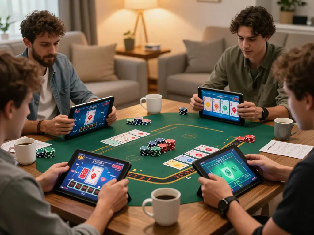 Para pemain menikmati permainan blackjack daring yang strategis di tablet, menunjukkan kegembiraan dan fokus saat menggunakan slovakia-vhs.