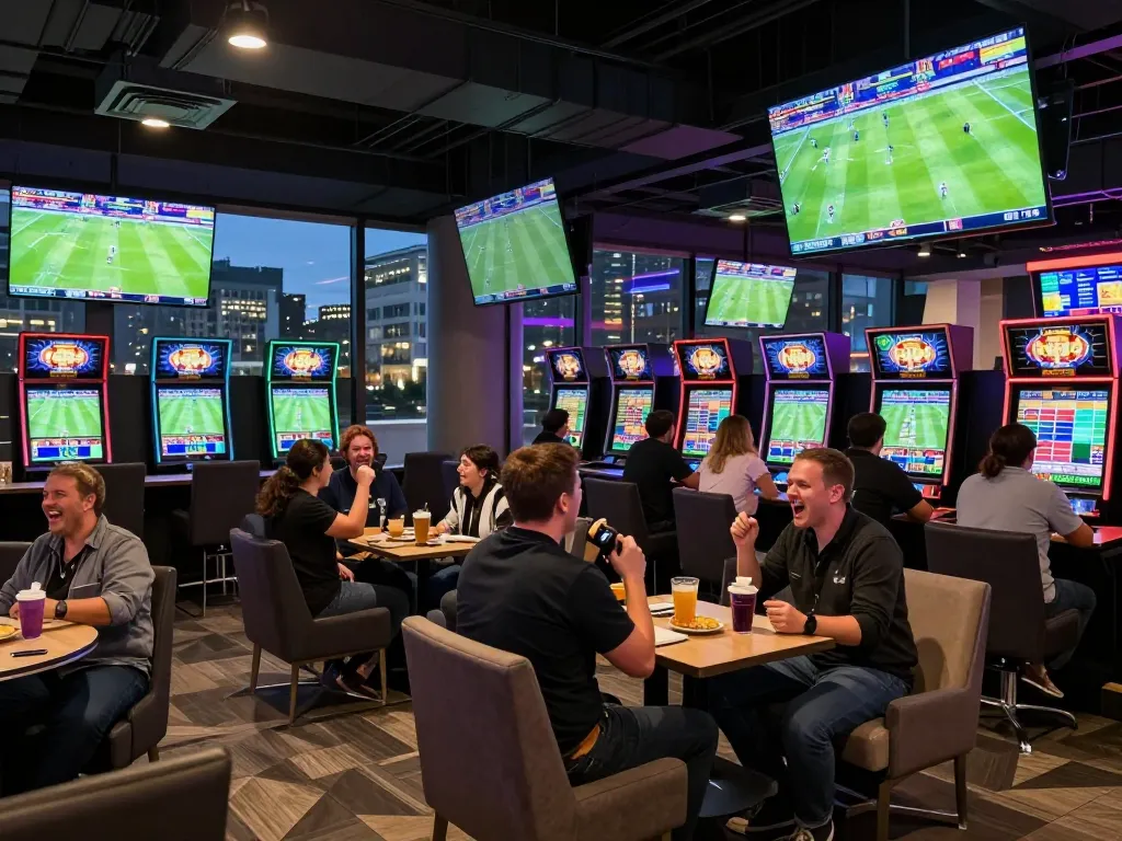 Bongdalu users engaging in sports betting within a lively atmosphere, surrounded by screens showing live games.
