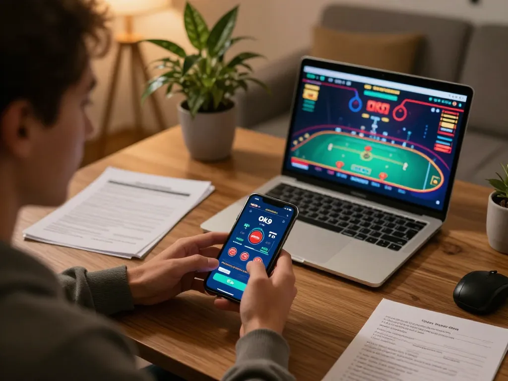 Player using Ok9 mobile app for online casino gaming in a cozy home environment.