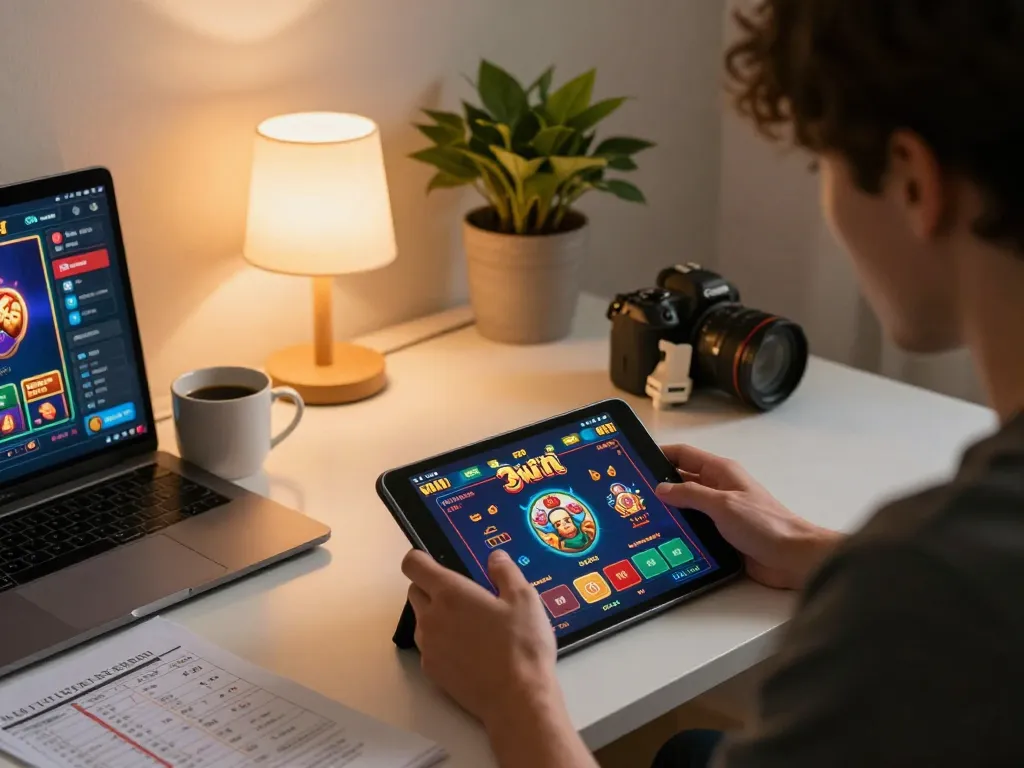 Engaged player enjoying 3win online casino games on tablet with strategy notes.