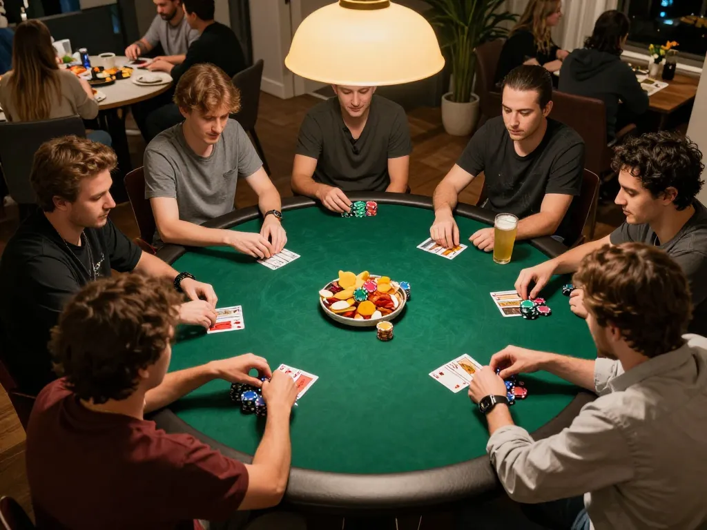 lp888 gamers enjoying a lively poker night with friends around a green felt table
