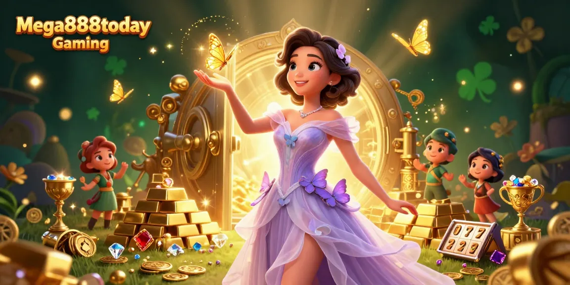 Mega888today Gaming - Experience the thrill of jackpot slots surrounded by golden treasures and butterflies.