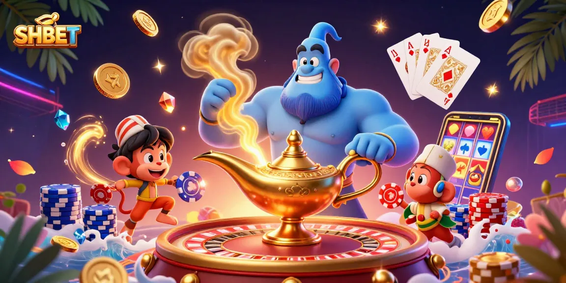 Join the excitement at SHBET with a magical casino scene featuring a genie, monkey, and poker chips.