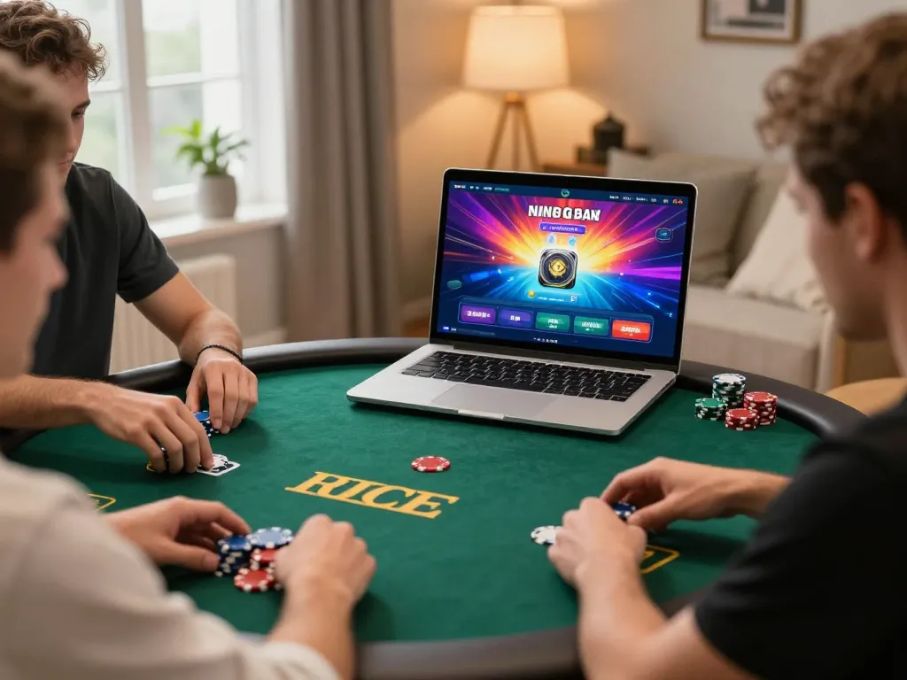Playing poker online with strategy visible on screen, showcasing engaging poker gameplay and chips, 789 casino action.