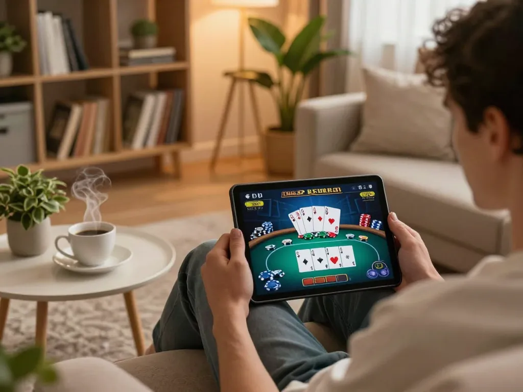 Player engaging in online poker at home using a tablet, showcasing TG88's exciting gaming options