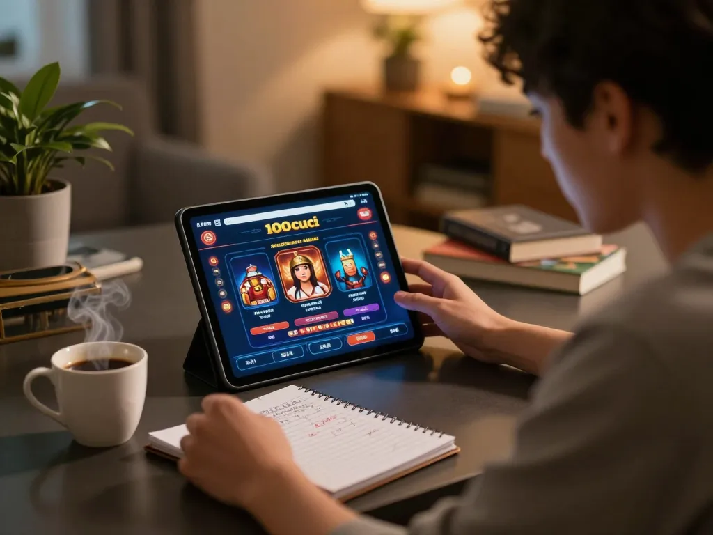 Person engaging with 100cuci online casino on tablet, incorporating strategic betting notes and cozy home elements.