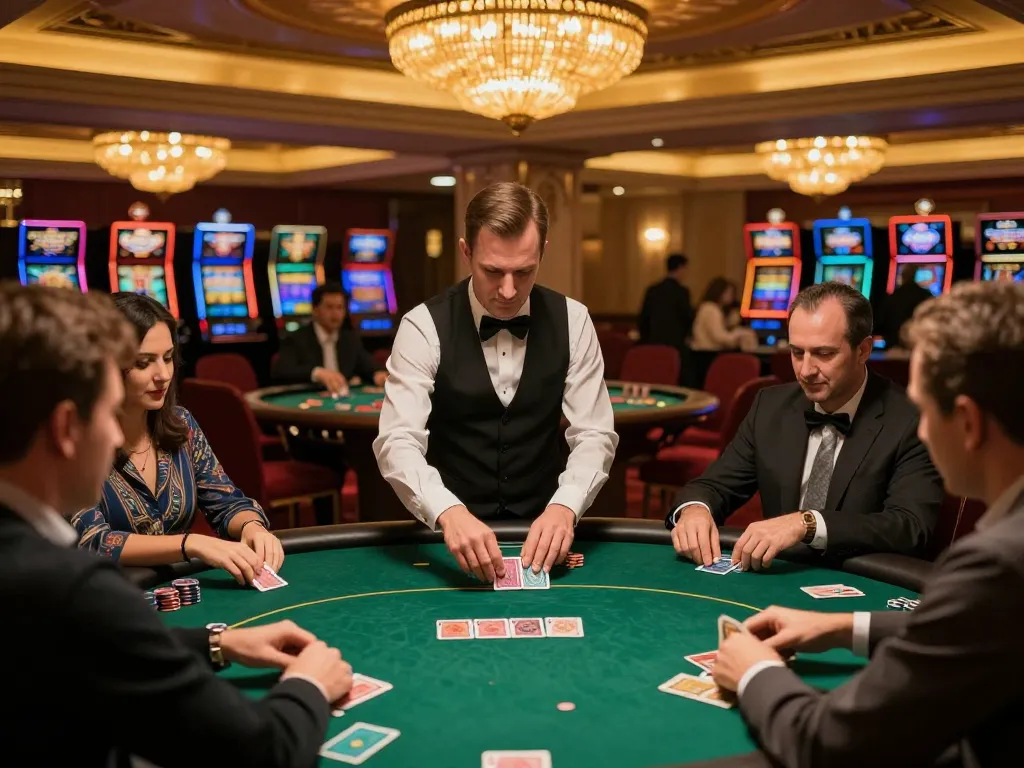 Vin88 players engaged at a sophisticated poker table in a vibrant casino atmosphere