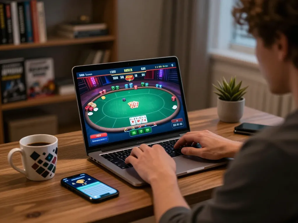 Engaged player strategizing in a sunwin online poker game on laptop at home.