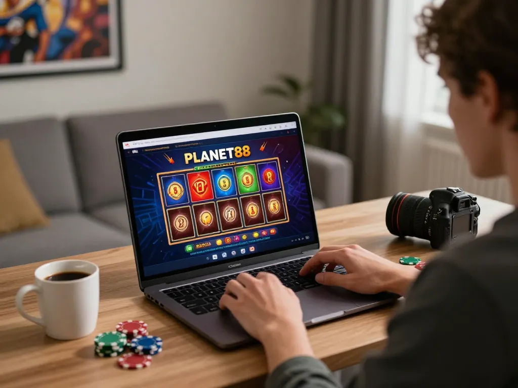 Player enjoying high-stakes poker on PLANET88 interface in a modern home setup