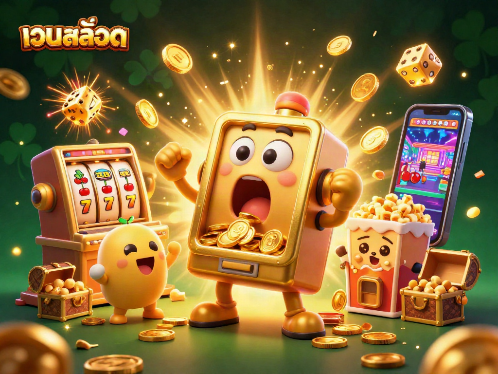 Spin the reels on เว็บสล็อต with a jubilant golden slot machine winning a jackpot!