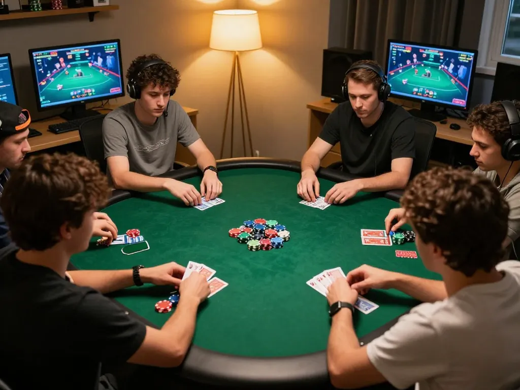 Players engage in thrilling game bài strategy during an online poker session, showcasing colorful chips and cards on a custom table.