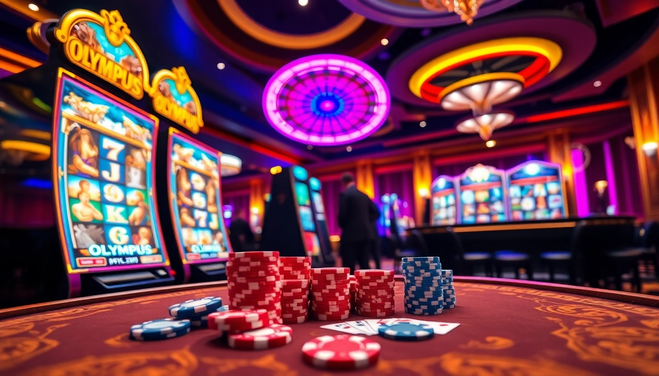 Spin the reels of the olympus slot amidst a luxurious casino setting filled with vibrant poker chips and neon lights.