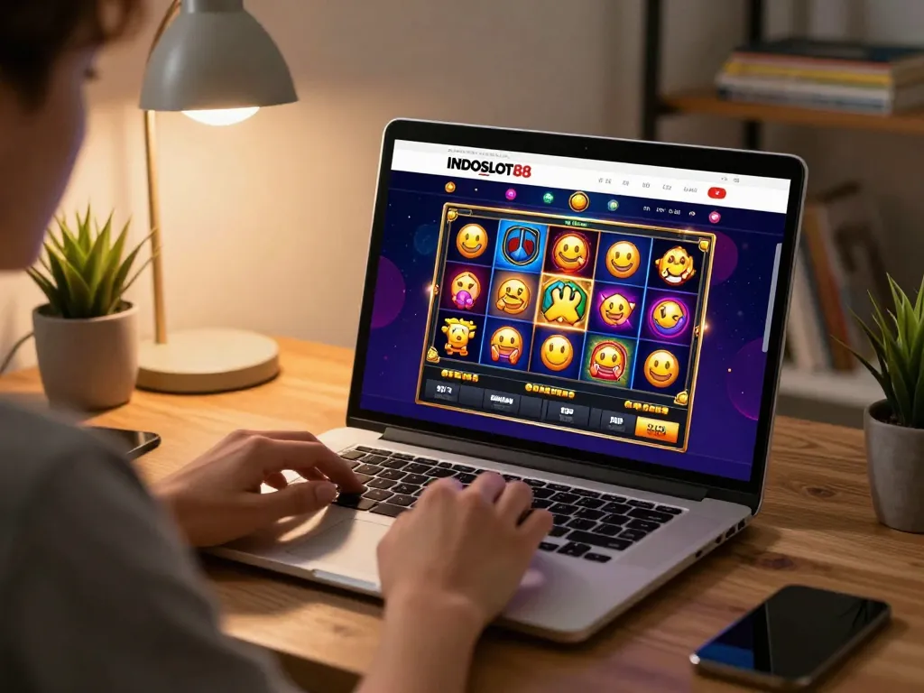Engaging with the INDOSLOT88 website while playing online slots from home.