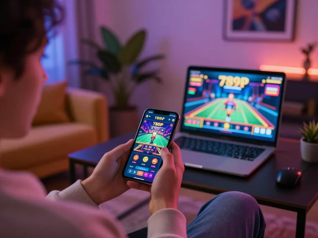 Engaging with the 789P casino app on smartphone while enjoying a relaxed home gaming environment