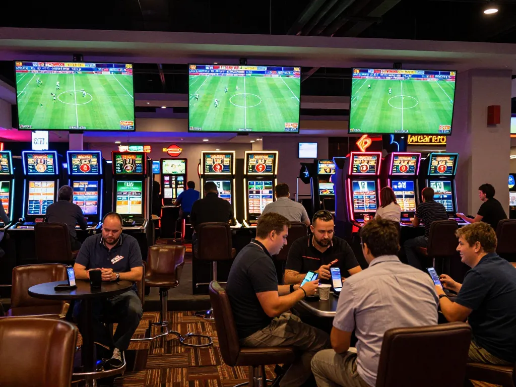 Tỷ lệ kèo nhà cái visualized in lively sports betting lounge with excited patrons placing strategic bets and following live games.