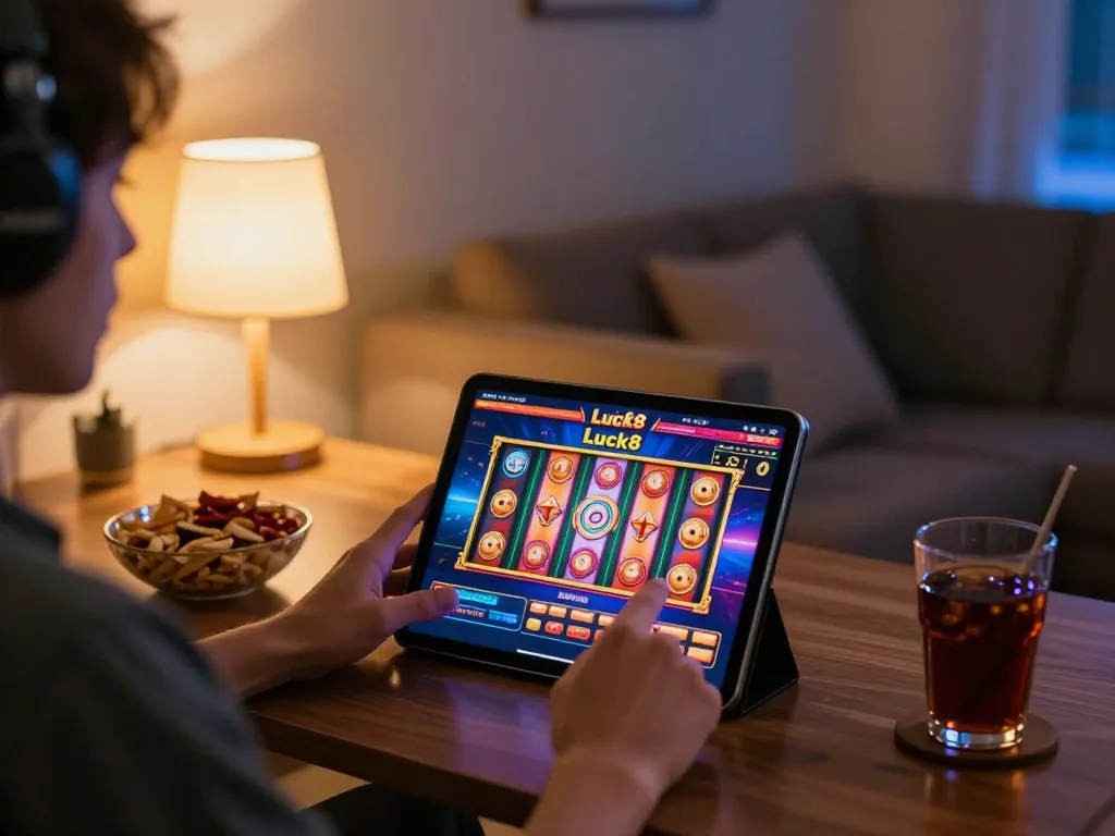 Player enjoying the luck8 casino experience on a tablet with colorful game visuals and cozy home setup.