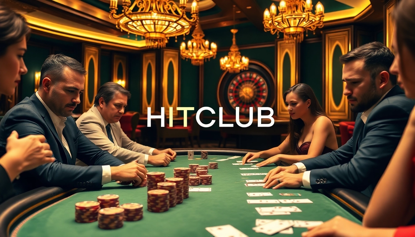 Players at HITCLUB poker table strategizing their next move in a luxurious casino setting.