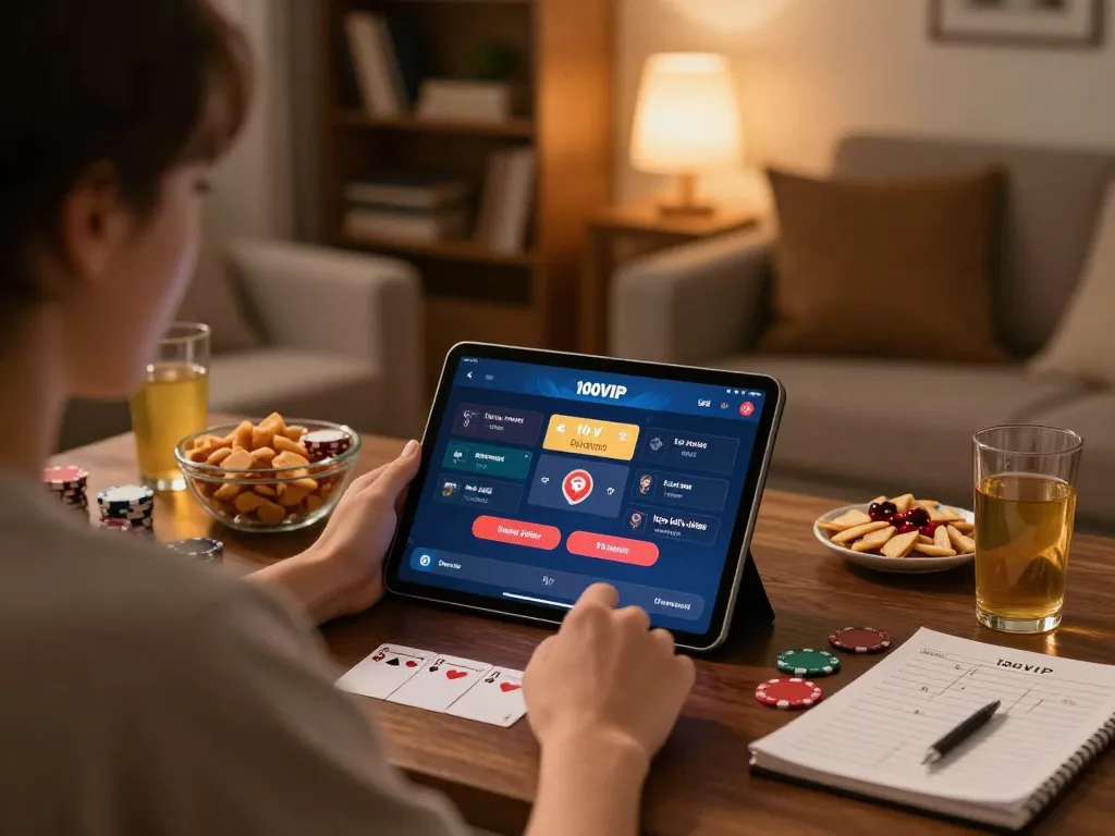 Engaging poker gameplay using the 100VIP app in a cozy home setting, showcasing strategy notes and snacks.
