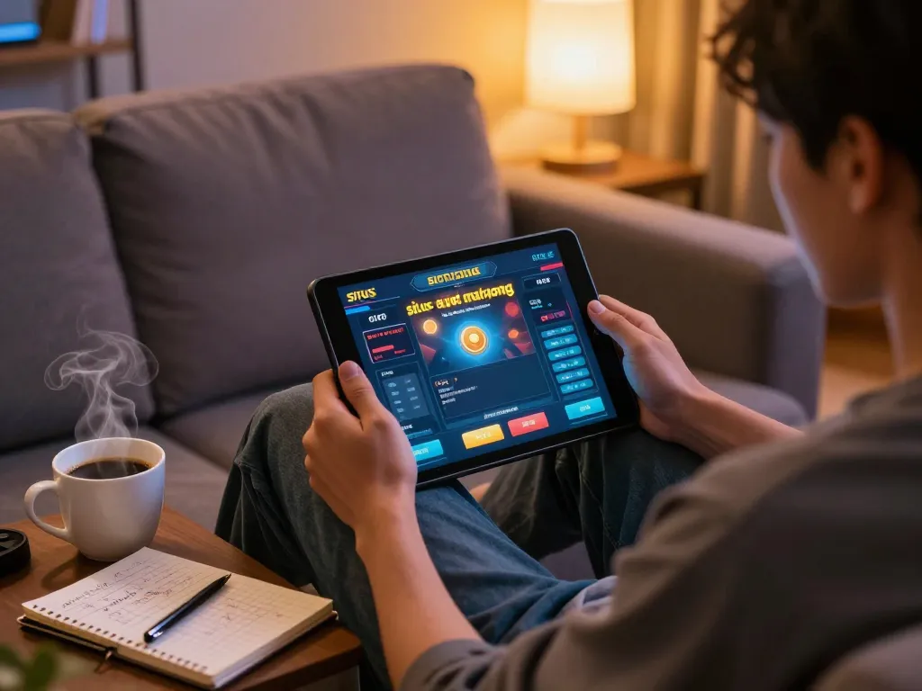Sitting on the couch, a player engages in situs slot mahjong gaming on a tablet, with strategy notes nearby.