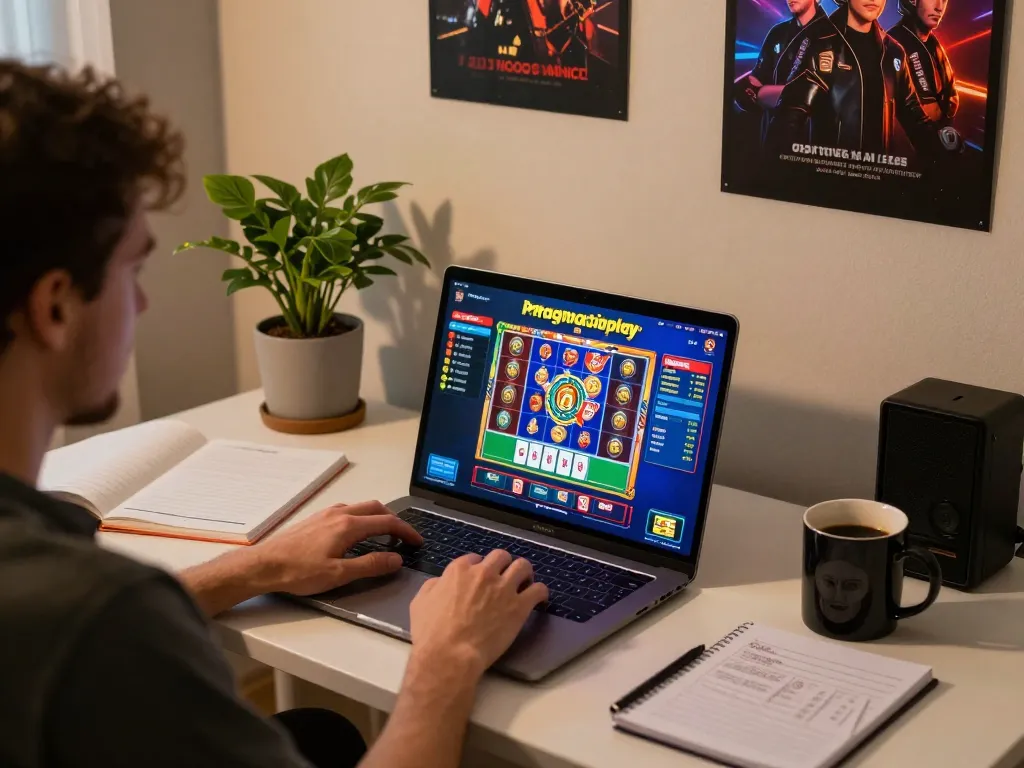 Playing exciting Pragmaticplay games on a laptop in a stylish home office atmosphere