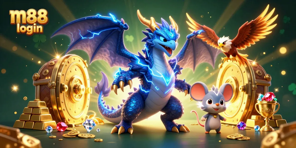 Join the excitement with m88 login for thrilling gaming experiences featuring a thunder dragon and golden treasures.