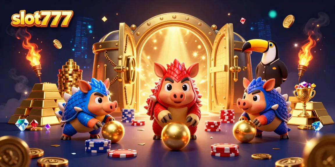 Slot777 memperlihatkan pangolin bercorak meriah bowling dengan tumpukan chip poker dan emas.