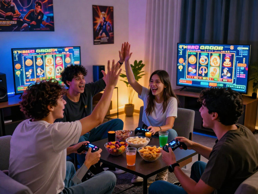 Friends enjoying a slot gacor gaming session in a vibrant living room, cheering excitedly.
