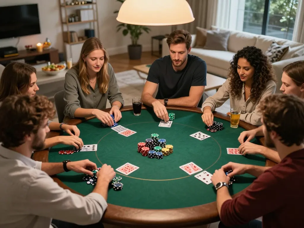 Friends enjoying a poker night showcasing VA88 themed gameplay with vibrant chips and cards