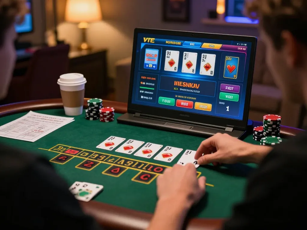Player enjoying a live dealer blackjack game at home, focusing on 3BET strategy and responsible gambling