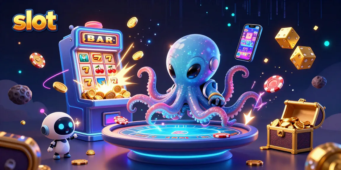 Slot jackpot meriah dengan kecerdasan alien, robot, dan simbol berkilauan dalam aksi permainan.