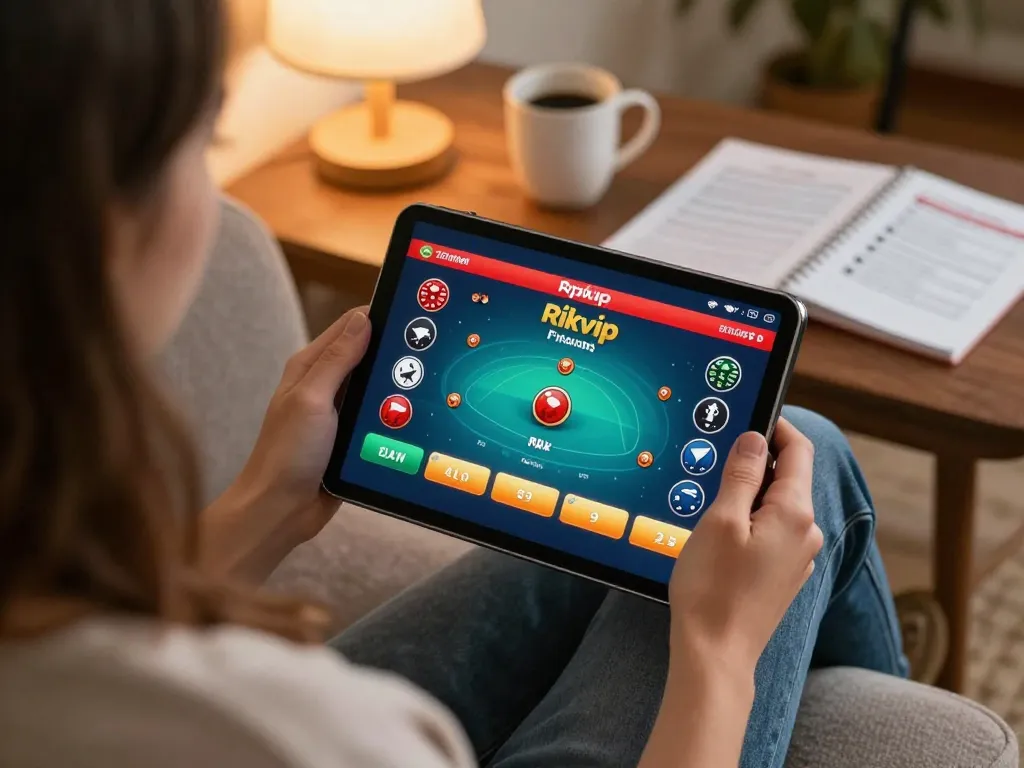 Engaging poker gameplay on rikvip app displayed on a tablet in a cozy home setting.