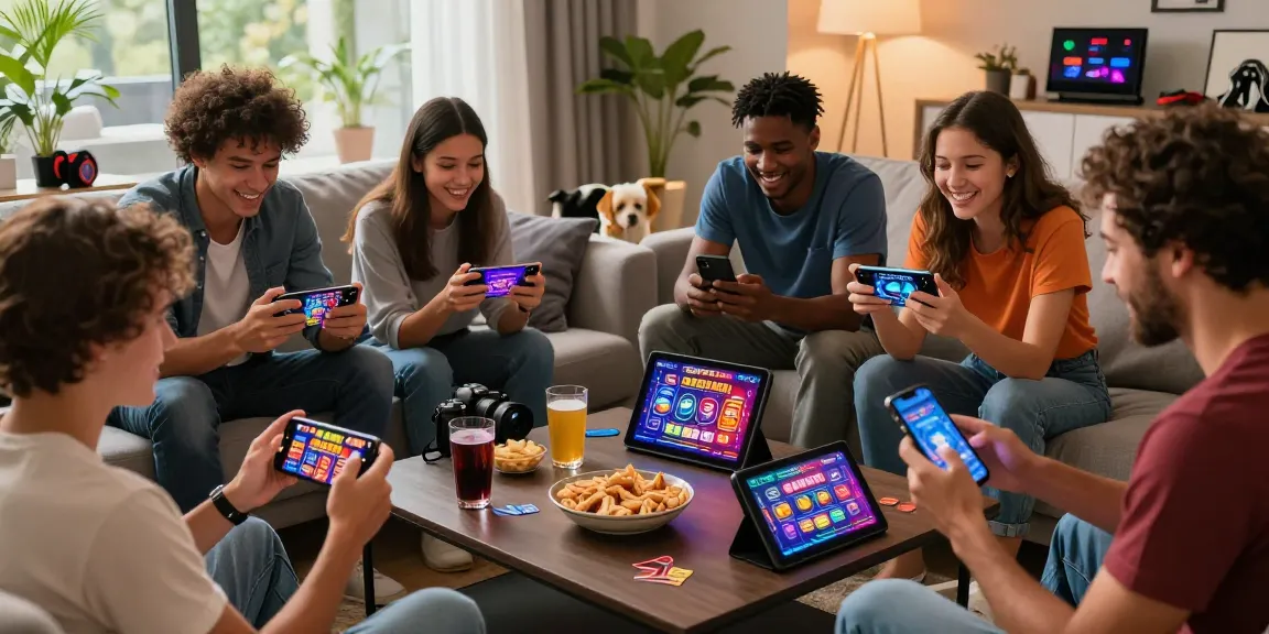 Friends download games and enjoy casino apps in a lively living room.