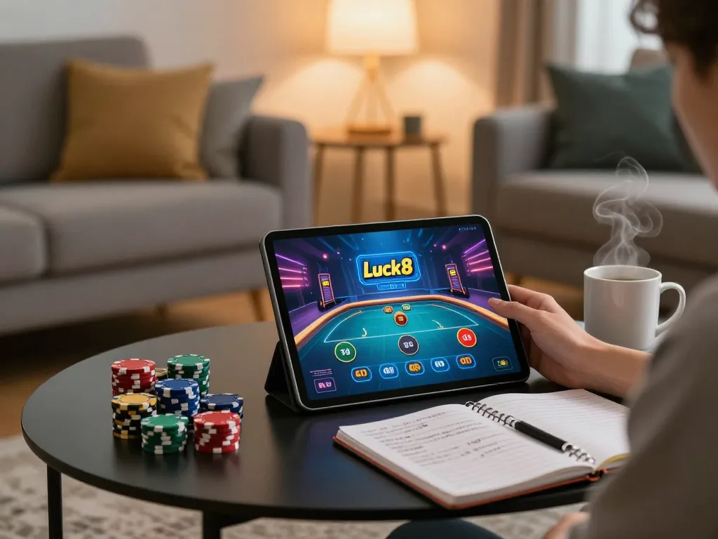 Luck8 player strategizing their next move during a cozy home gaming session.