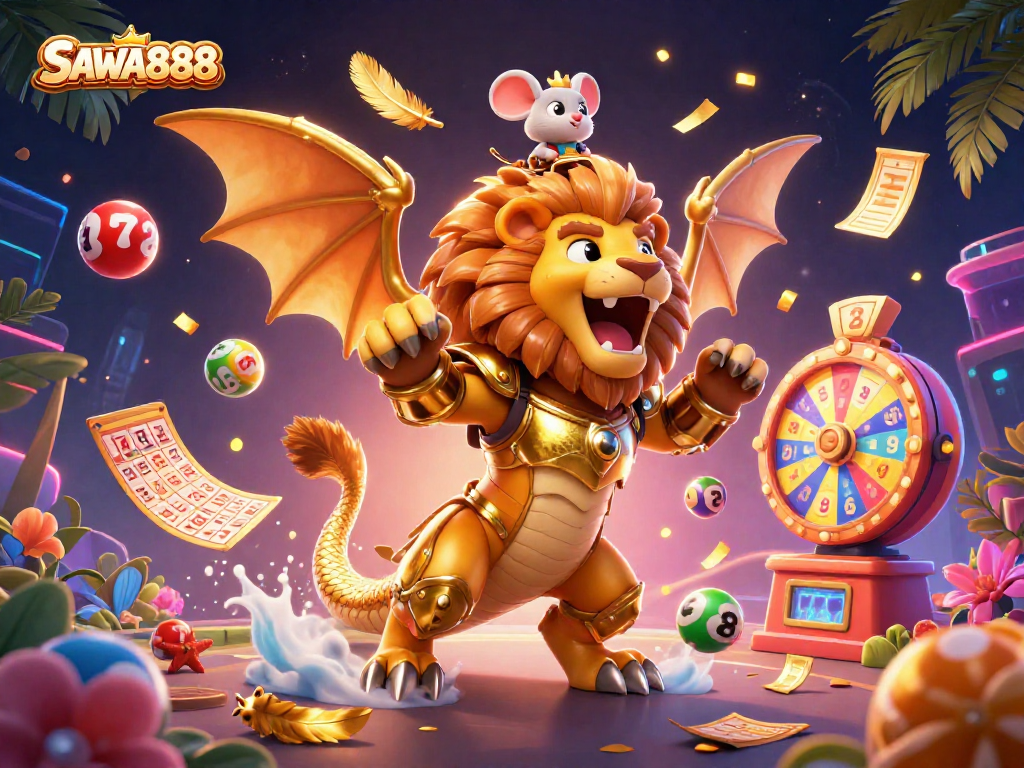 SAWA888 offers thrilling gameplay with colorful lottery balls and dynamic prize elements in this vibrant casino scene.