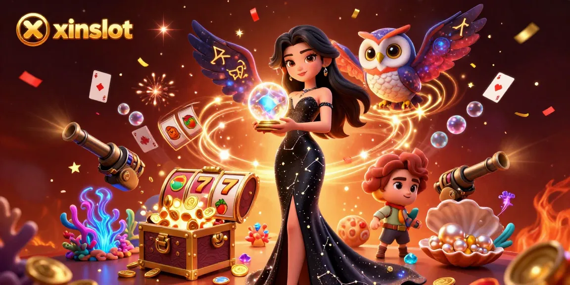 Engage with xinslot's thrilling slot games featuring a stunning woman, mystical owl, and vibrant treasures