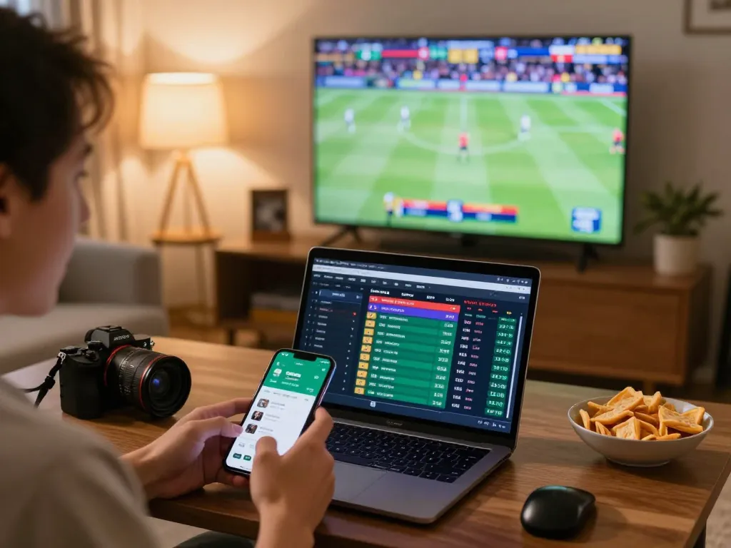 Watch ALO8 live sports betting action on a laptop and smartphone in an exciting home setting.