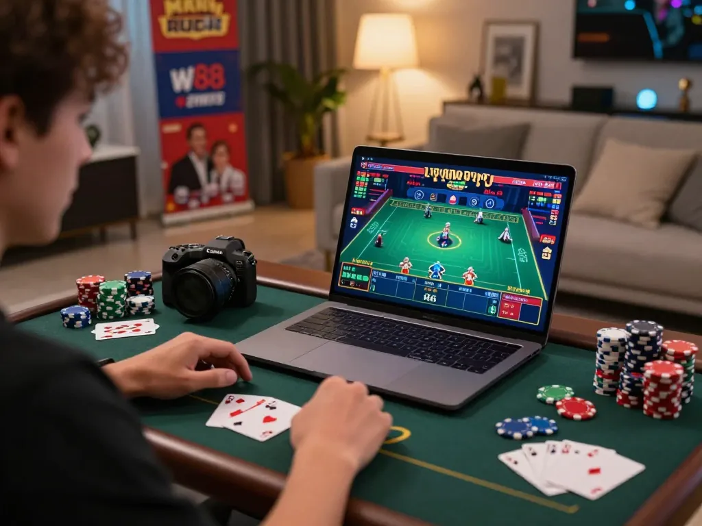 Player engaging in a thrilling W88 live casino game at home, showcasing strategic gameplay and vibrant atmosphere
