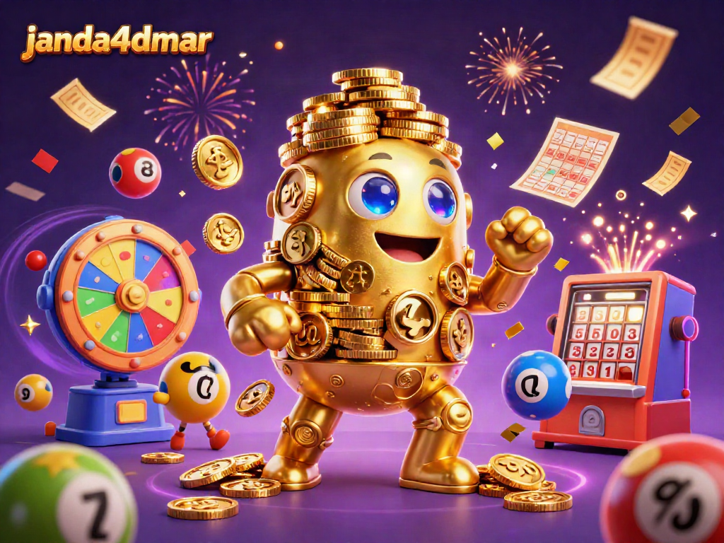 Gambarkan pengalaman bermain janda4dmar dengan simbol slot dan koin emas berkilauan di sekitarnya.