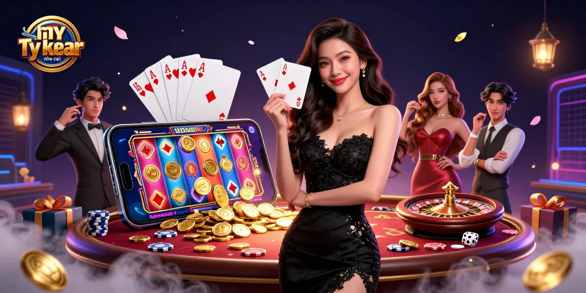 Experience the excitement of ty le keo nha cai with a captivating Asian woman holding poker cards amidst dynamic casino elements.