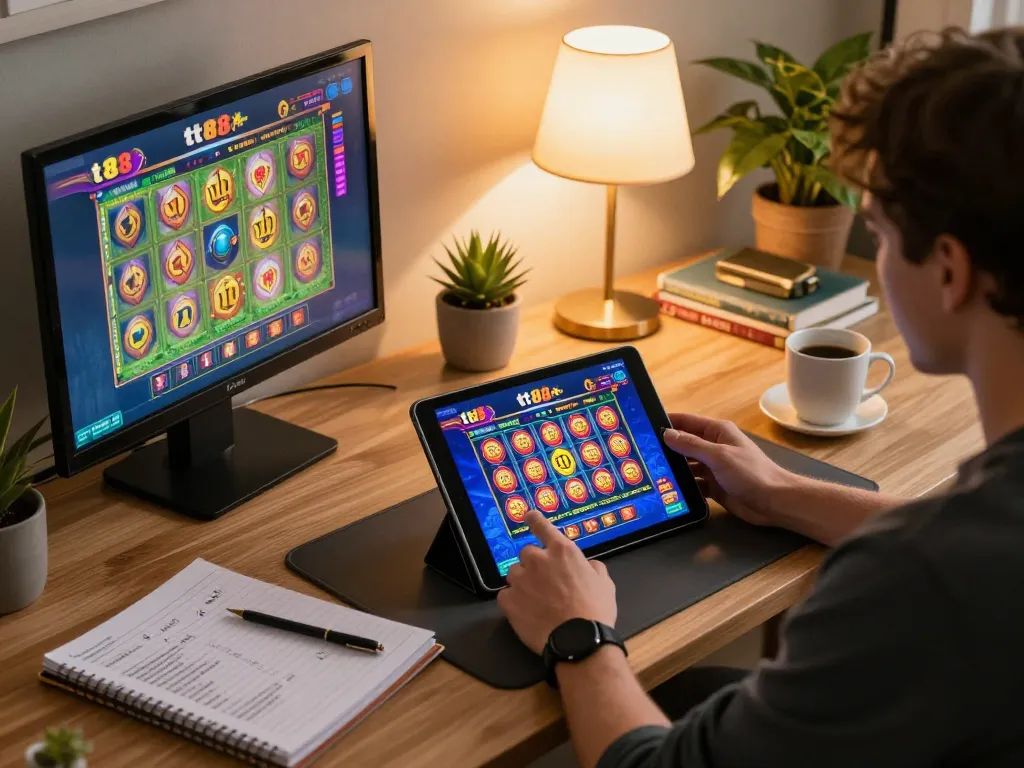 Player engaging in a thrilling slot game on tt88 com through a tablet in a cozy home setting