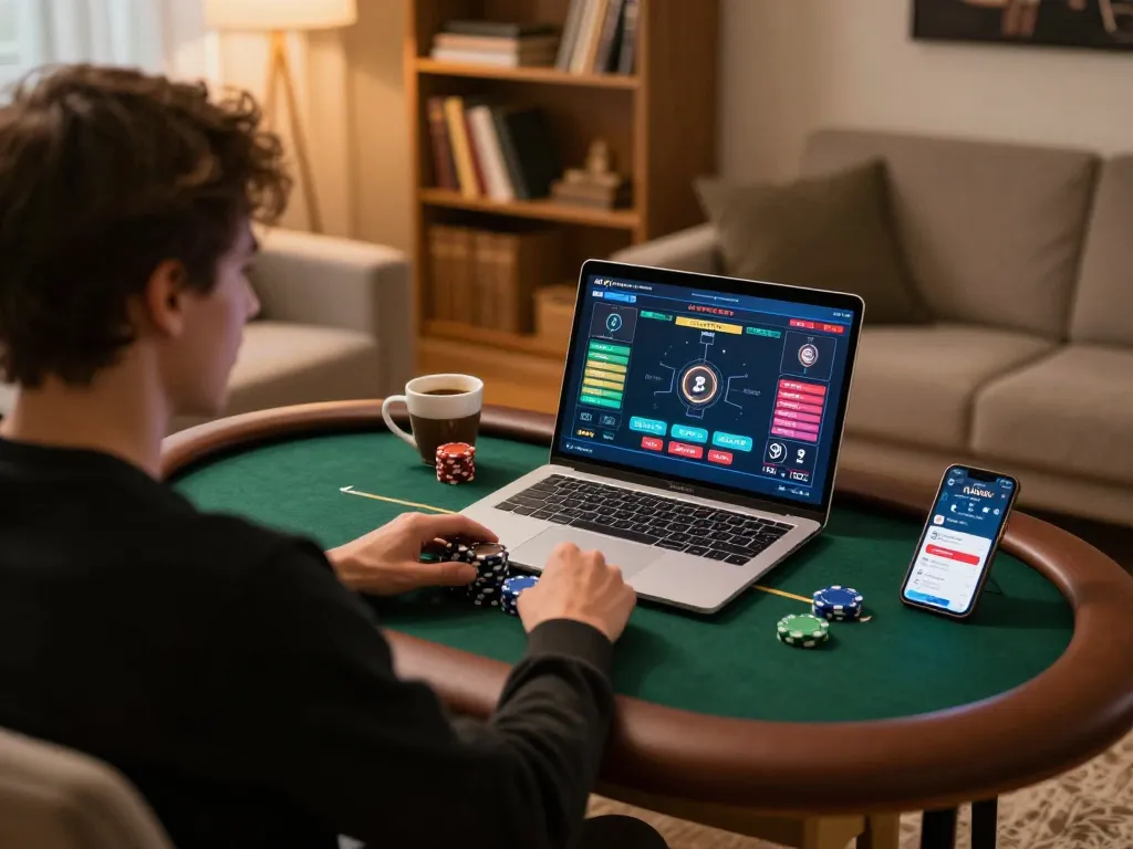 Engaging in online poker with NOHU90 at a cozy home setup, laptop showing gameplay details and strategy.