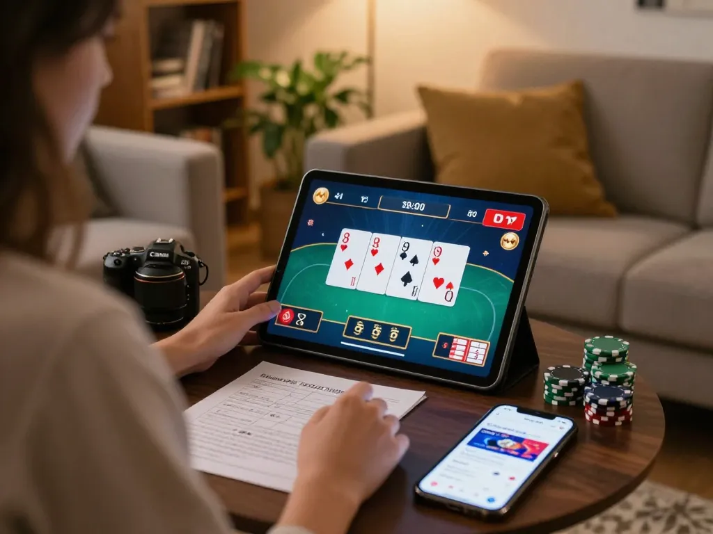 Player engaging in KP88 online poker game at home with tablet and betting strategy notes.
