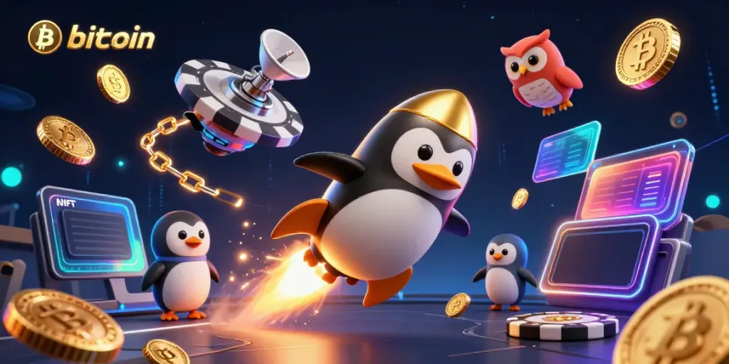Experience the thrill of a bitcoin casino adventure with a cosmic penguin in space!