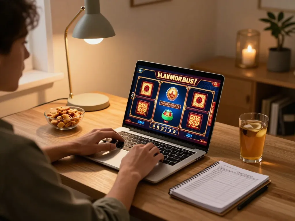 Nohu90 player enjoying a slot game on a laptop in a cozy home setup, focusing on responsible gaming.