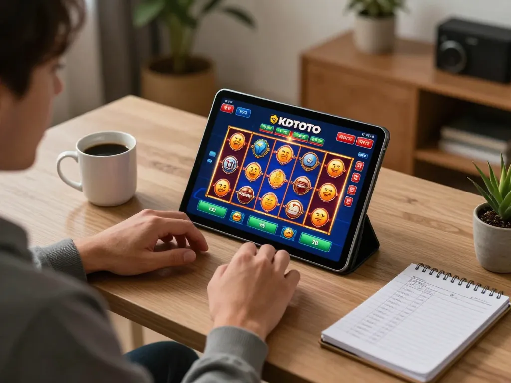 Engaging online gambling scene featuring KDTOTO on a tablet, showcasing vibrant slot games in a cozy home setting.