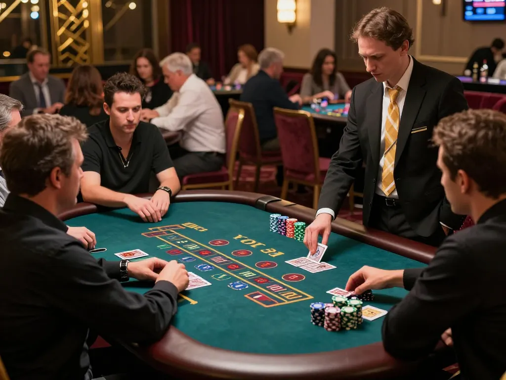 HM88 players strategizing over a blackjack table in an upscale casino.