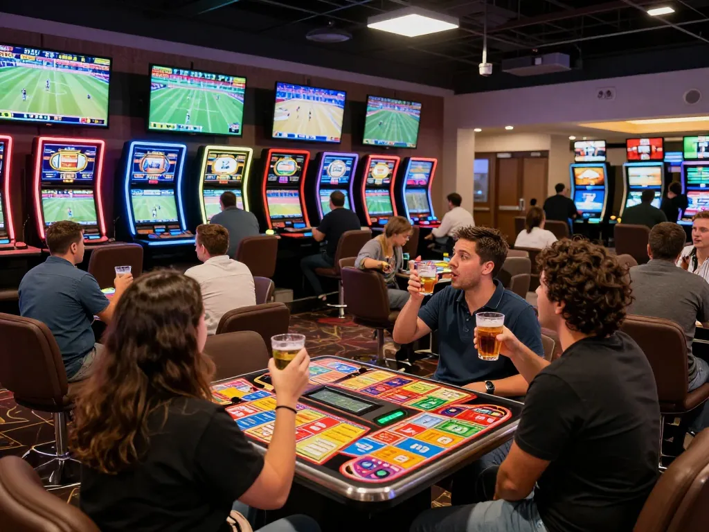 Excited bettors at a sports betting area enjoying kèo nhà cái action with vibrant screens.